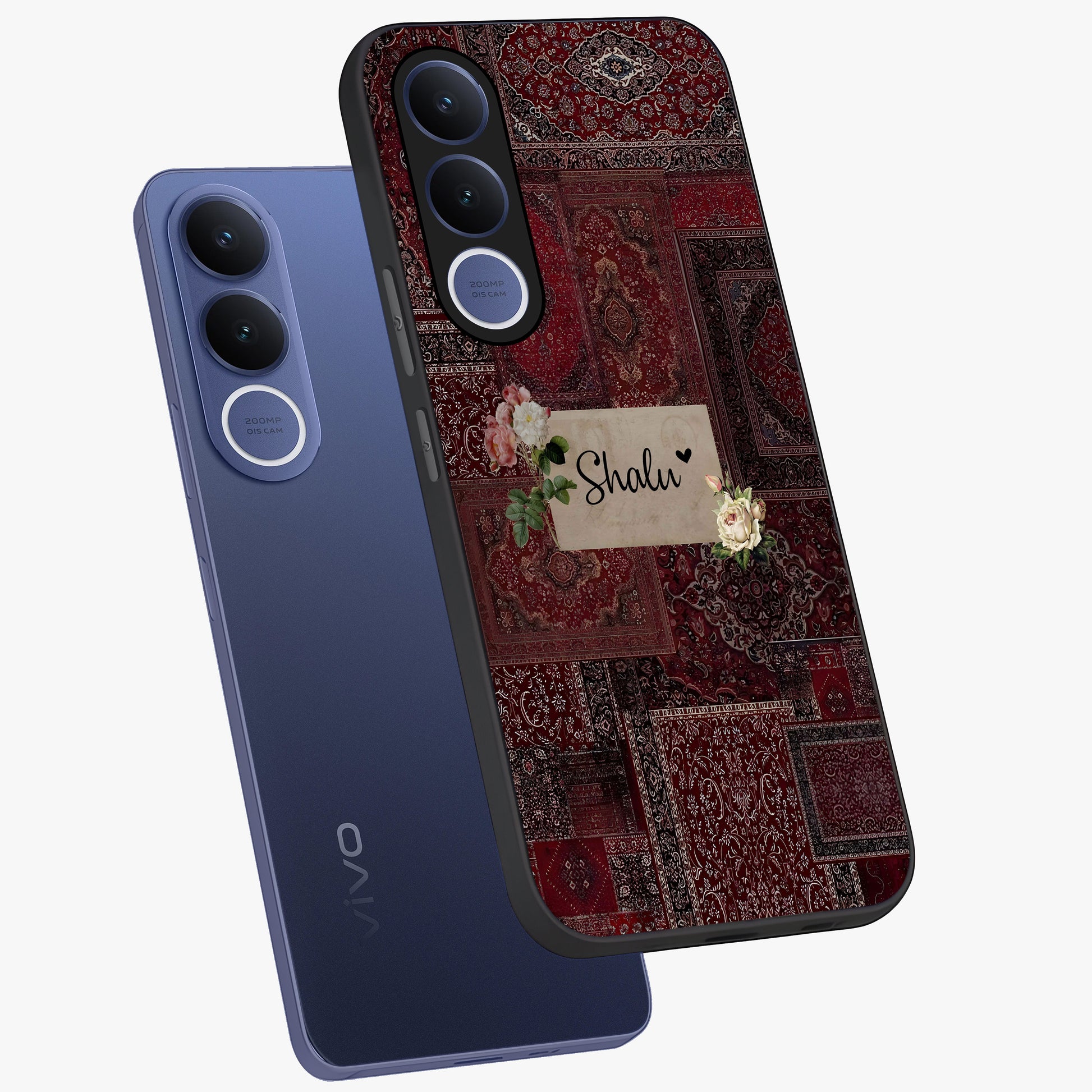 Velvet Wine Pattern Custom Name Glass Case displayed in angled mockup highlighting decorative velvet inspired design with custom name feature.