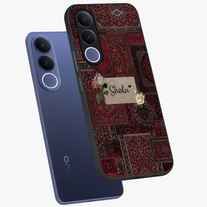 Velvet Wine Pattern Custom Name Glass Case displayed in angled mockup highlighting decorative velvet inspired design with custom name feature.