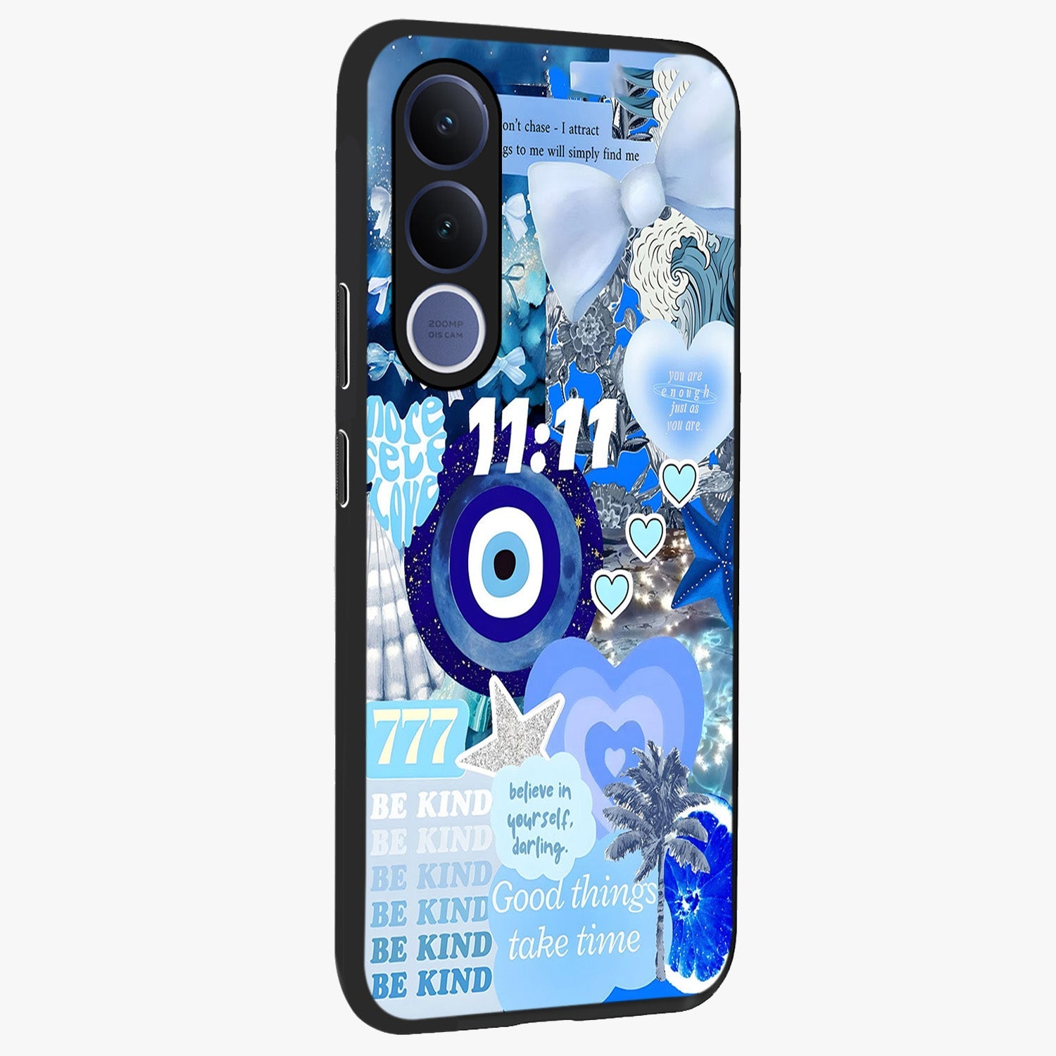 Aesthetic Be Kind Eye Glass Case upright view showcasing stylish eye illustration with positive message theme.