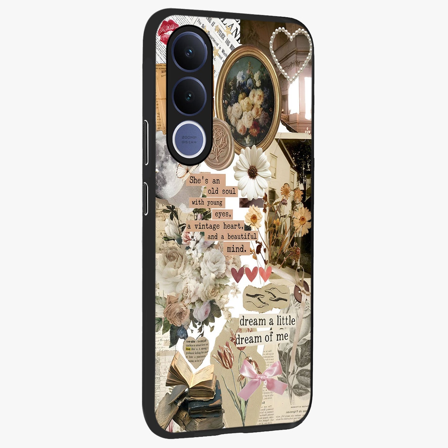 Aesthetic Brown Vintage Collage Glass Case upright view showcasing nostalgic retro artwork with stylish vintage theme.