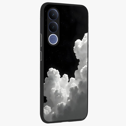 Black Background With White Cloud Glass Case upright view showcasing calm cloud aesthetic with modern minimal style.
