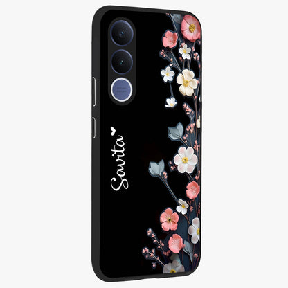 Black Elegance Floral Custom Name Glass Case upright view showcasing luxurious black floral design with personalized name detail.