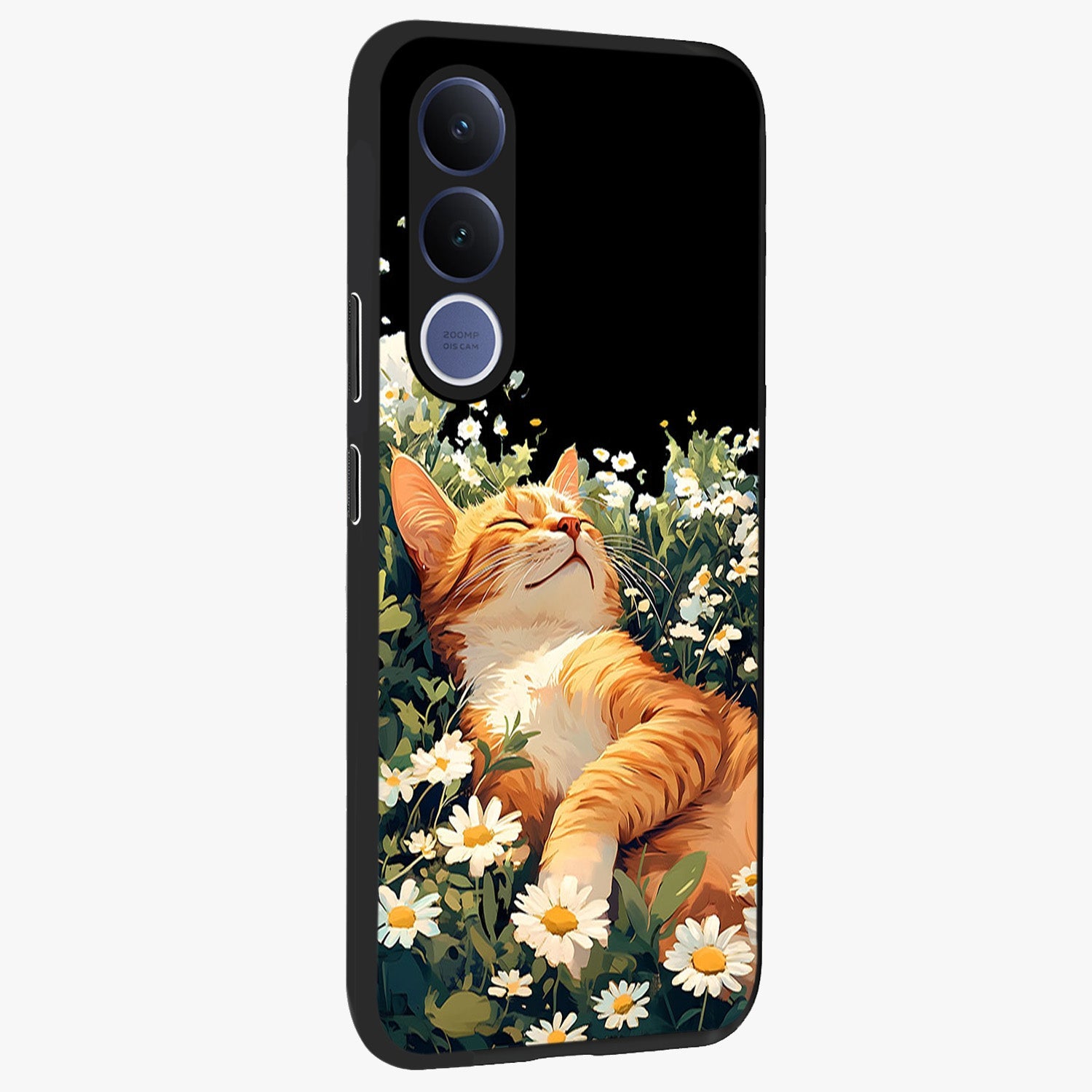 Blissful Bloom Cat Glass Case upright view showcasing charming cat design surrounded by blooming floral elements.