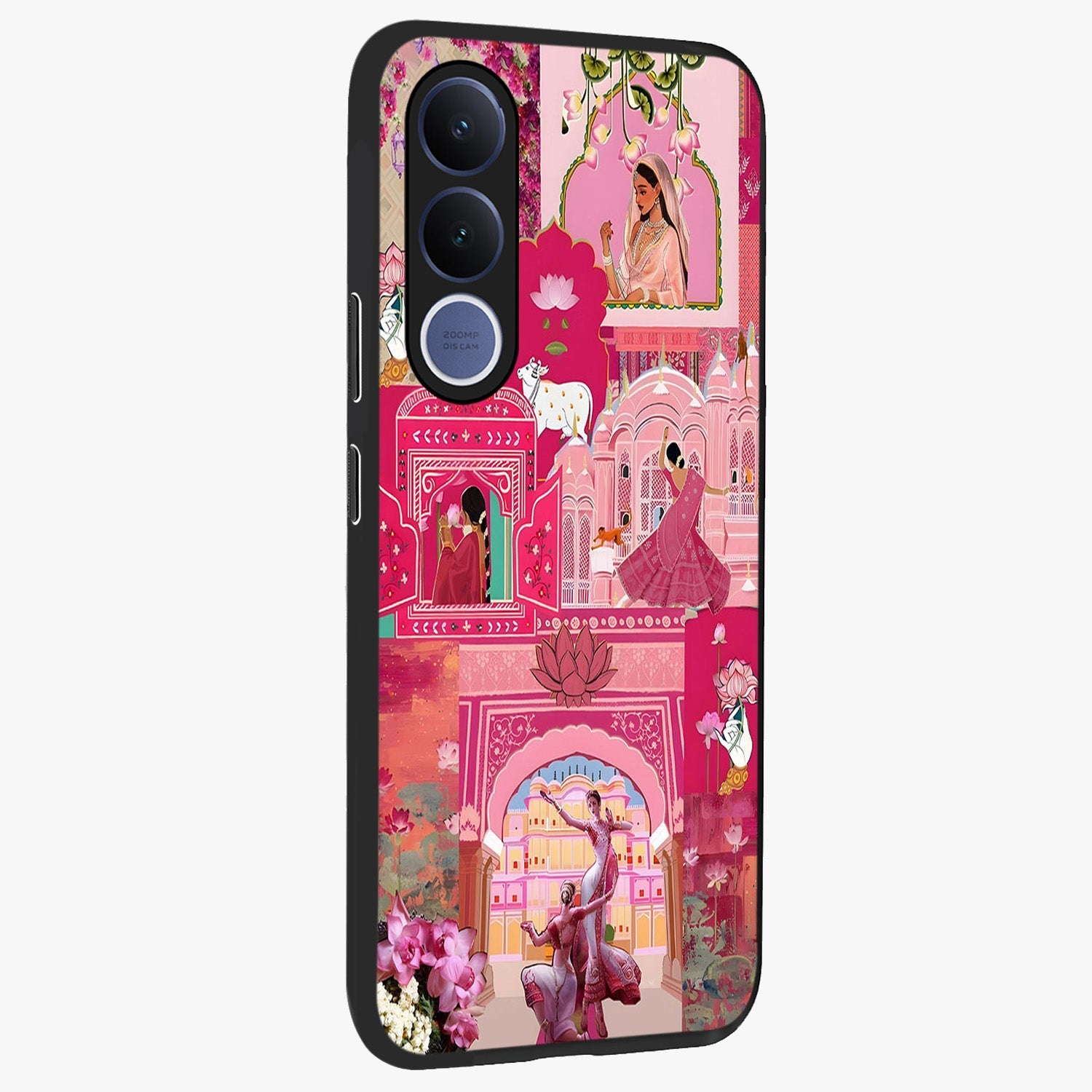 Blossoms of Rajasthan Glass Case upright view showcasing colorful floral design inspired by traditional Indian art.