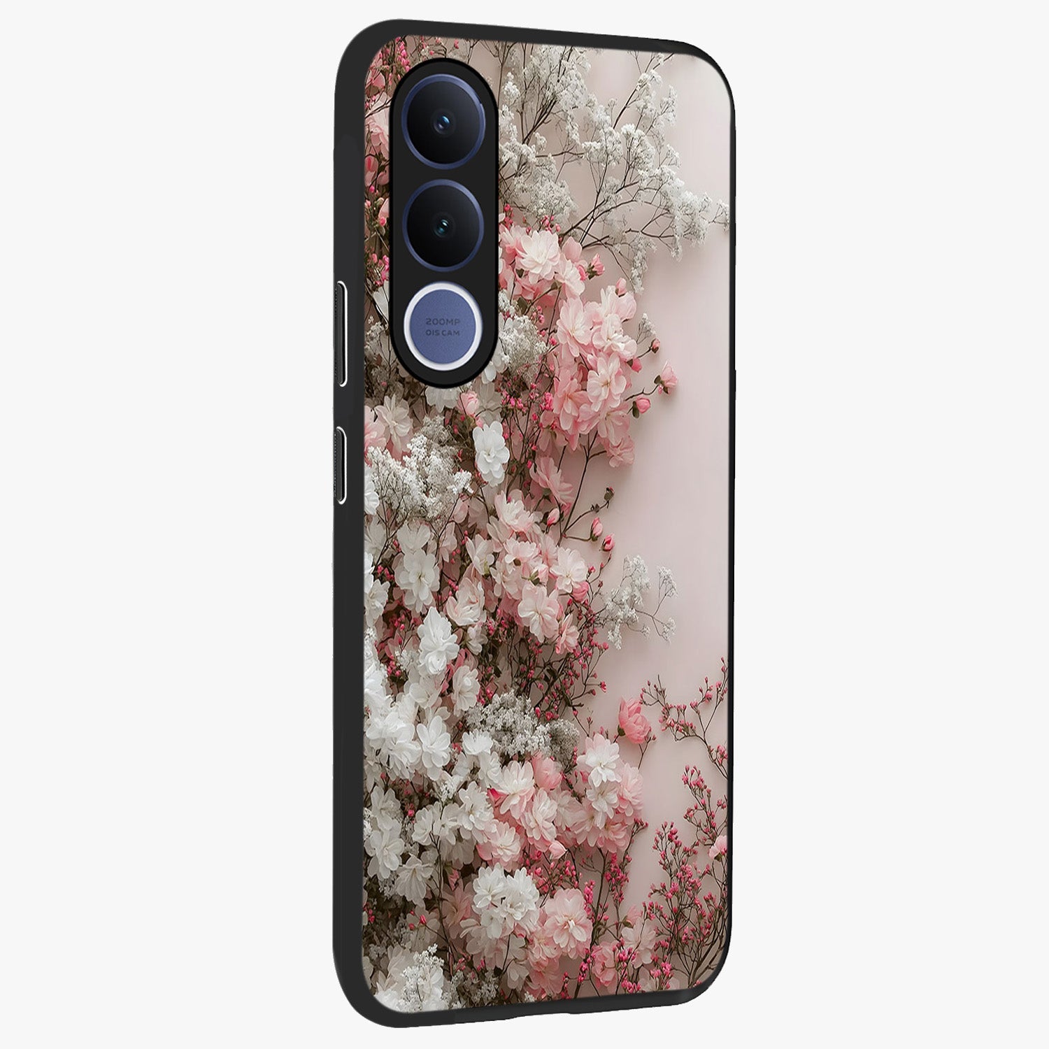Blush Blossom Cloud Glass Case upright view showcasing calm floral cloud artwork with gentle dreamy theme.
