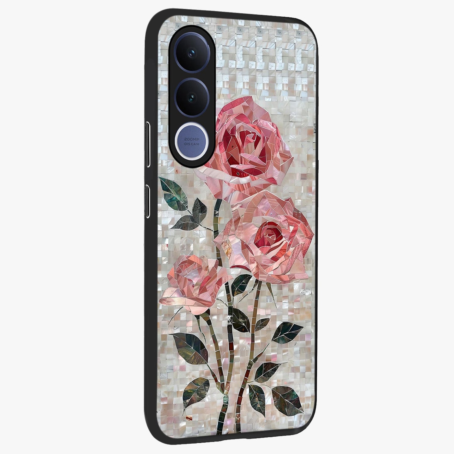 Blush Mosaic Bloom Glass Case upright view showcasing decorative floral mosaic artwork with stylish modern aesthetic.
