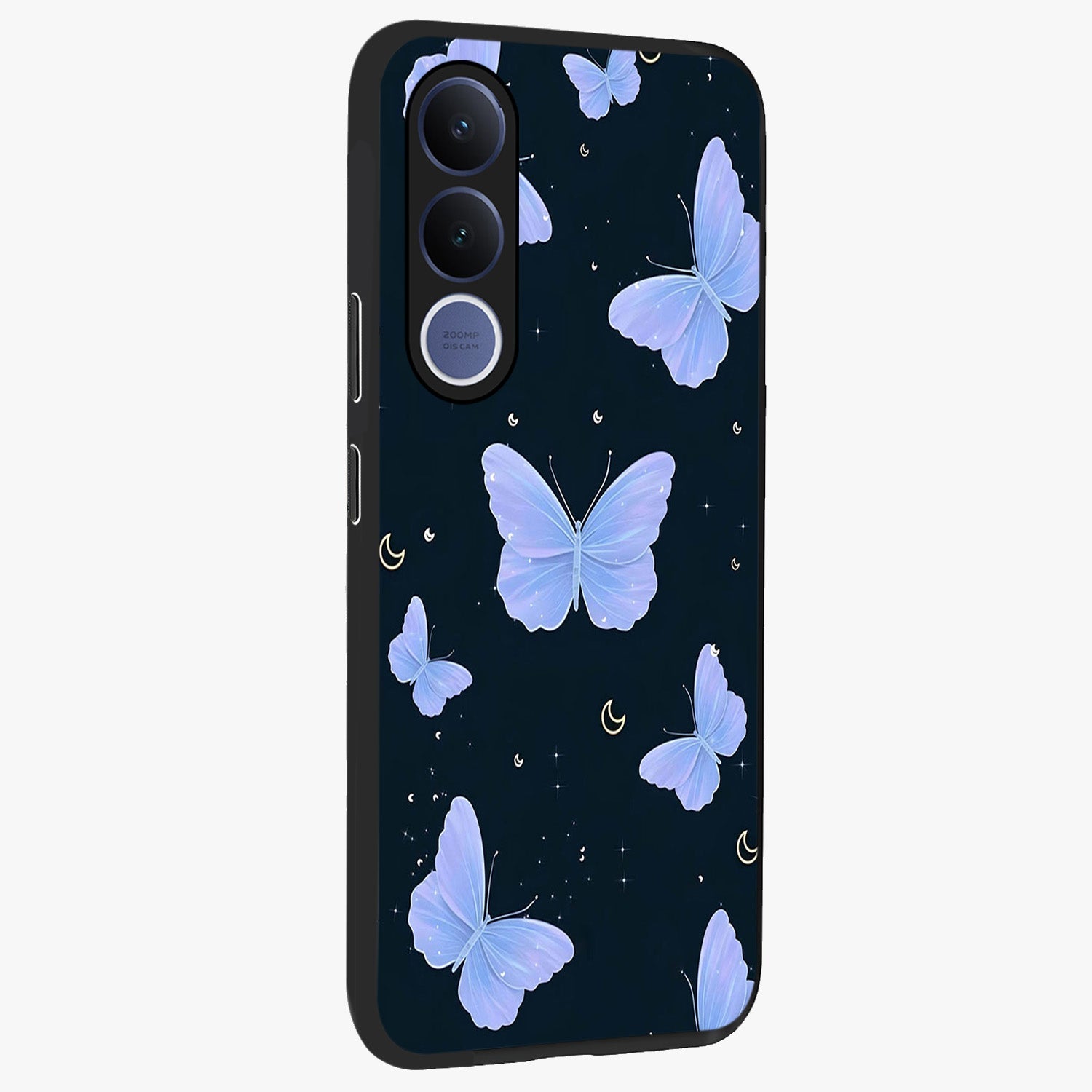 Butterfly With Stars Pattern Glass Case upright view showcasing celestial butterfly artwork with sparkling star elements.