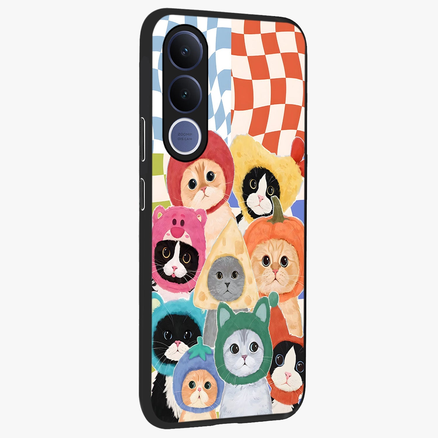 Cats in Fruits Glass Case upright view showcasing charming cat artwork with fun fruity theme.