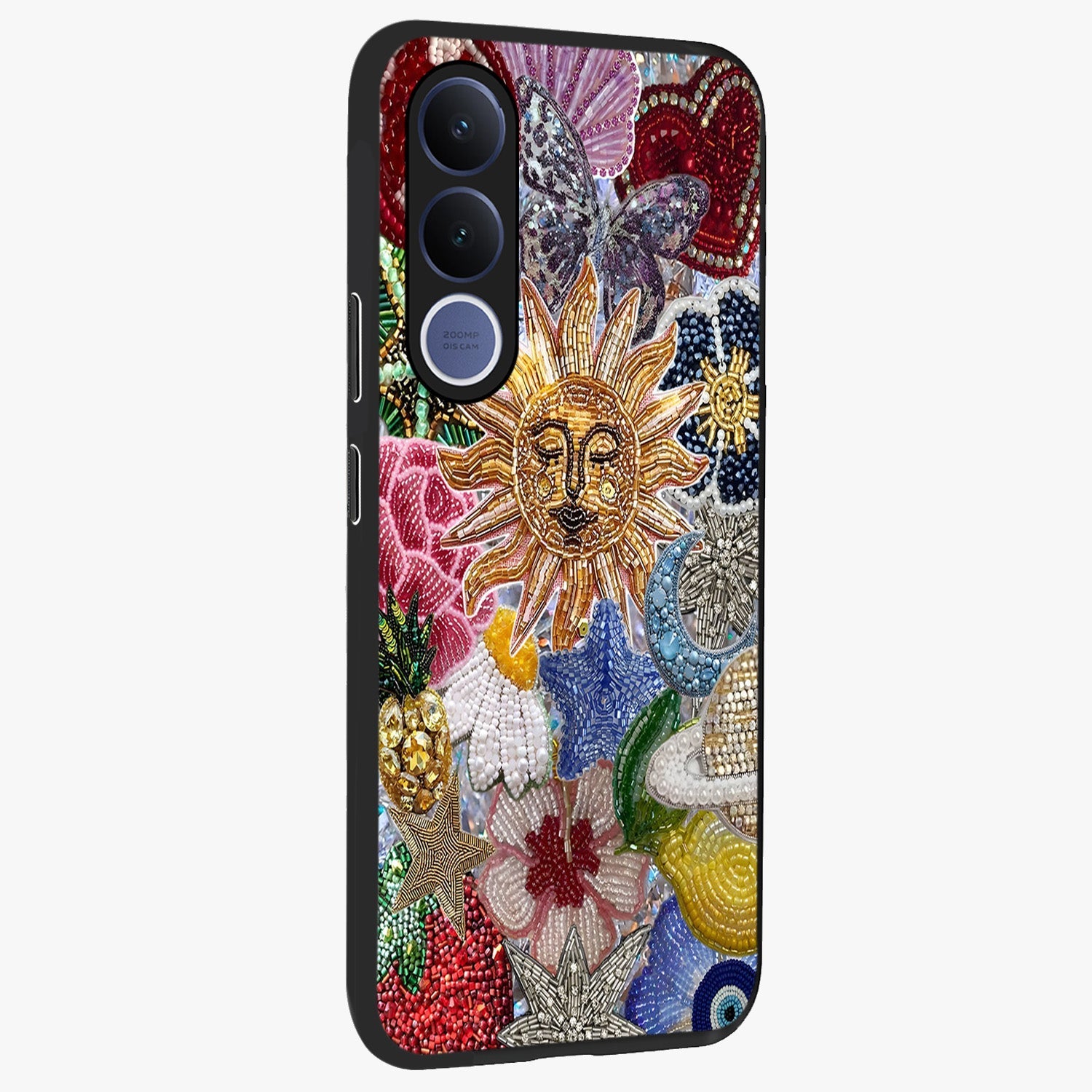 Celestial Floral and Playful Glass Case upright view showcasing whimsical floral artwork with cosmic aesthetic theme.