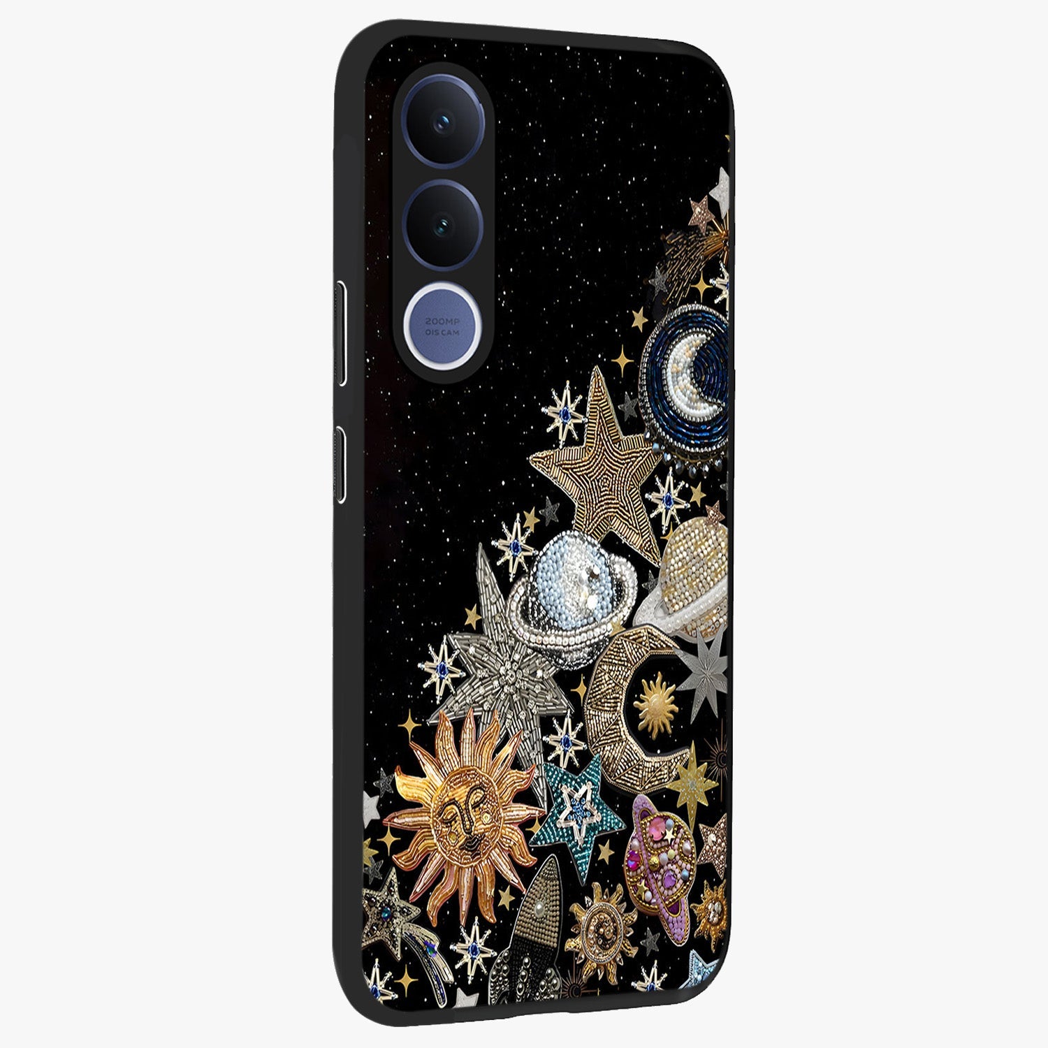 Cosmic Sparkle Dreams Glass Case upright view showcasing glowing cosmic artwork with magical galaxy theme.