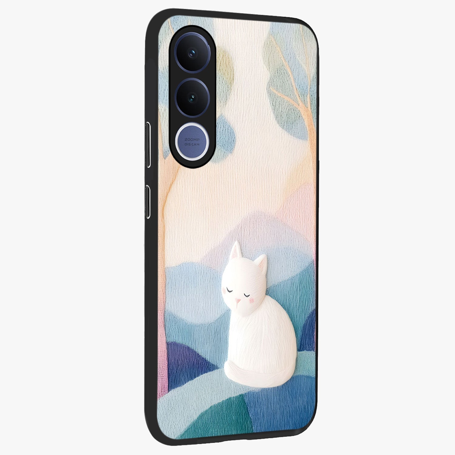 Cotton Dream Cat Glass Case upright view showcasing charming cat artwork with cozy dreamy theme.