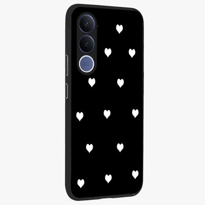 Cute And Simple White Hearts Glass Case upright view showcasing simple white hearts artwork with soft minimal theme.