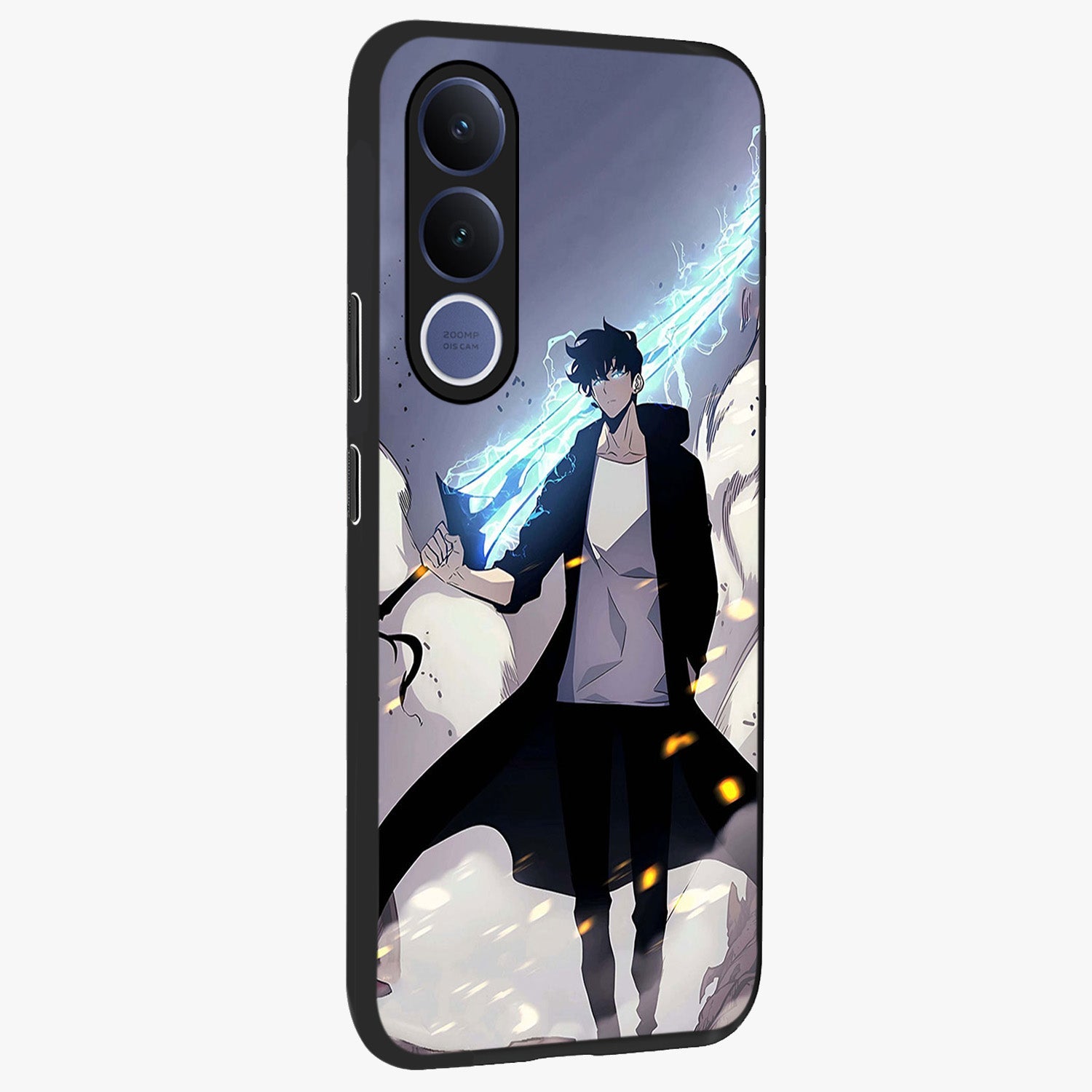 Dark Lightning Anime Warrior Glass Case upright view showcasing dramatic warrior artwork with dark lightning aesthetic.