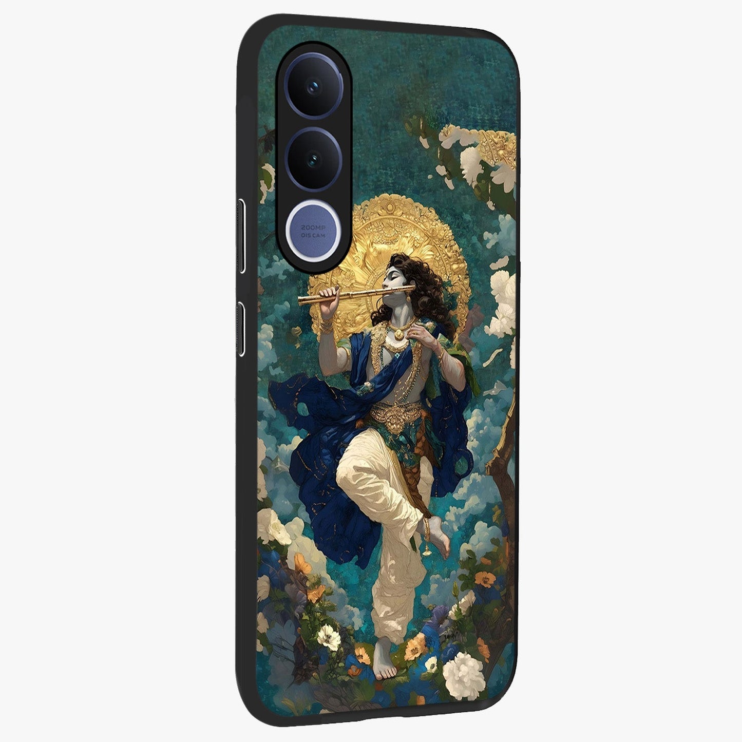 Divine Krishna Art Glass Case upright view showcasing divine Krishna artwork with sacred artistic theme.