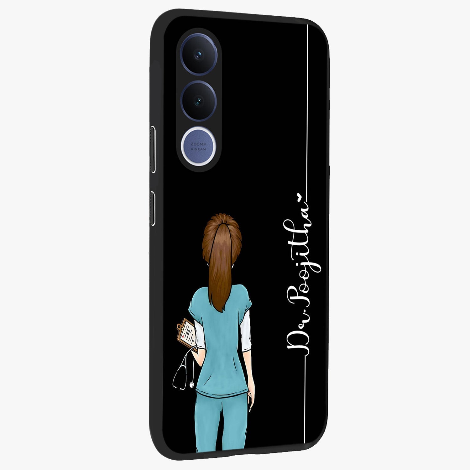 Doctor Pattern Custom Name Glass Case upright view showcasing healthcare themed design with personalized aesthetic.