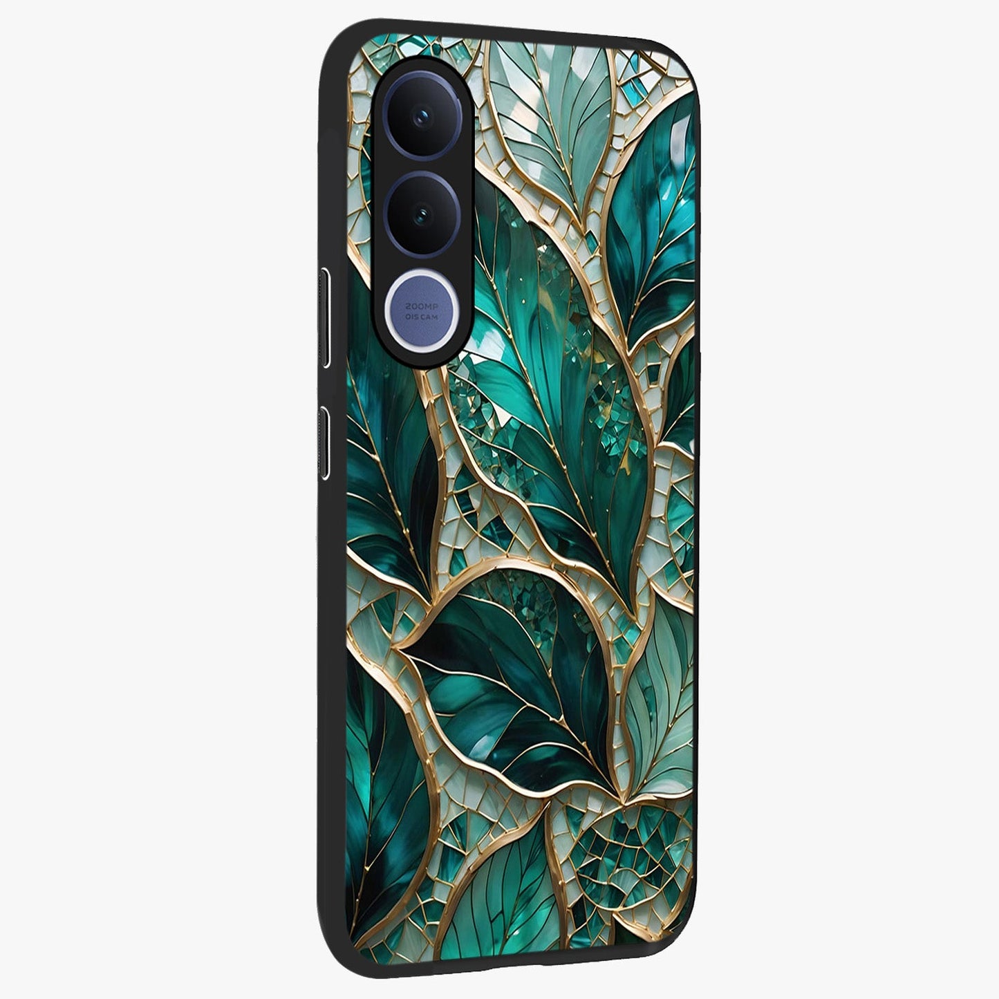 Emerald Leaf Glass Glass Case upright view showcasing fresh green leaf artwork with calming nature inspired style.