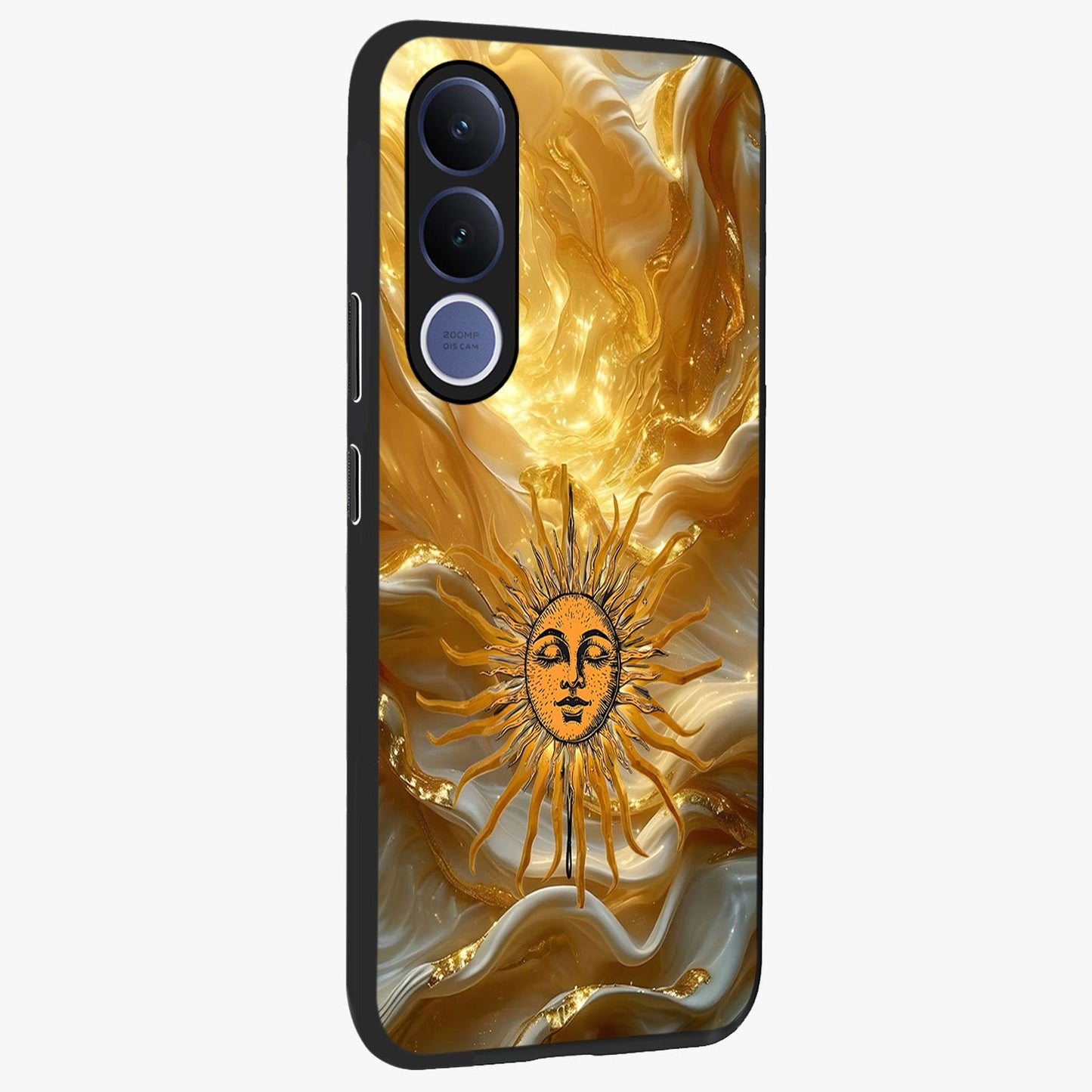 Eternal Golden Glow Glass Case upright view showcasing luminous golden artwork with luxurious visual theme.