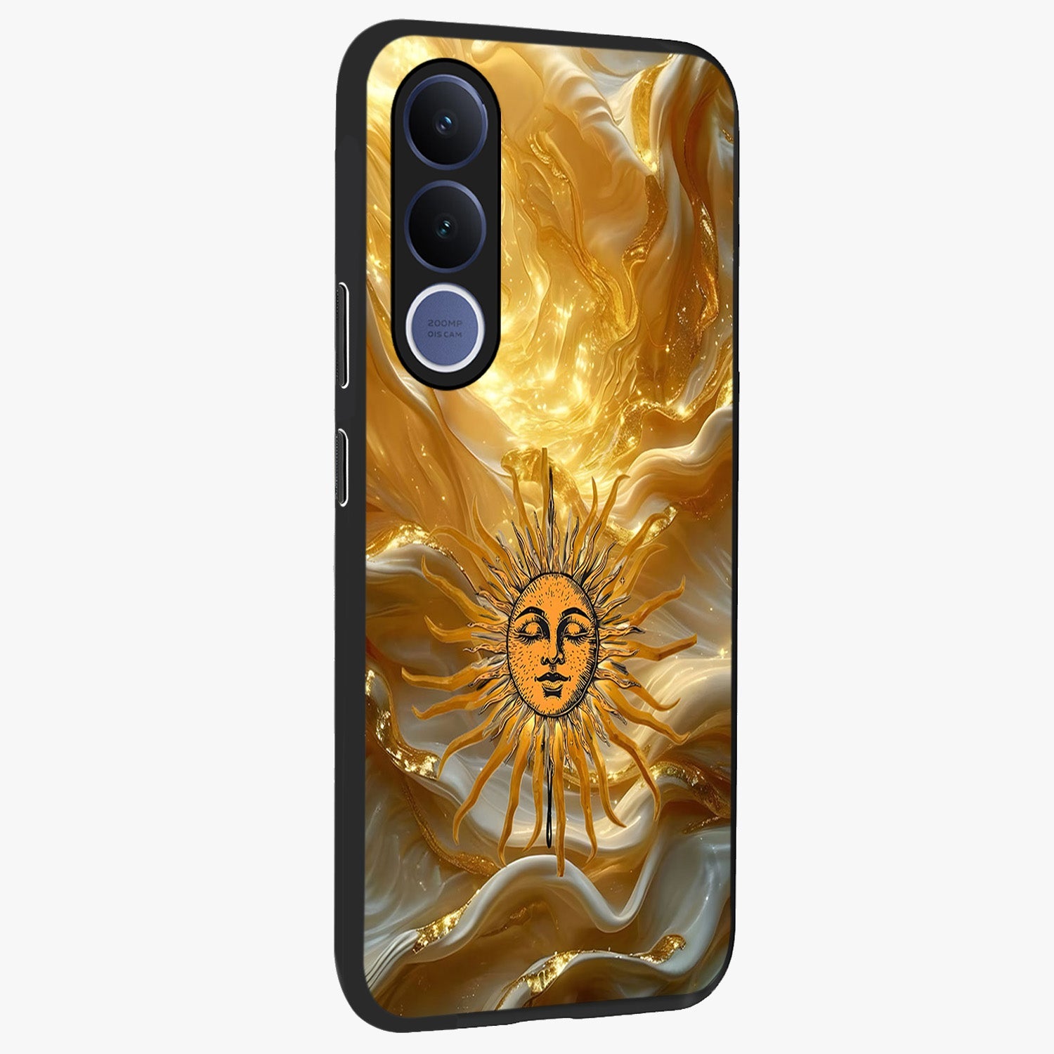 Eternal Golden Glow Glass Case upright view showcasing luminous golden artwork with luxurious visual theme.