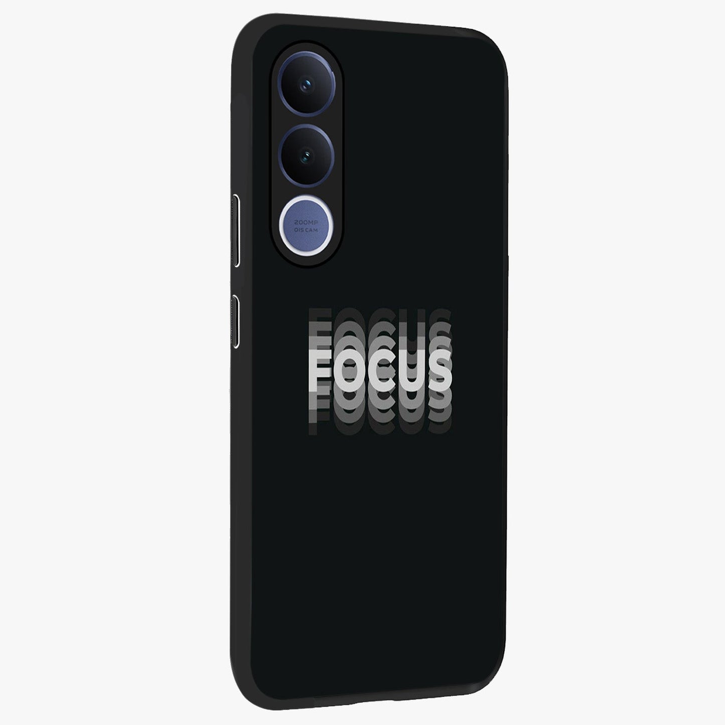 Focus Mode On Glass Case upright view showcasing strong typography statement with sleek motivational theme.