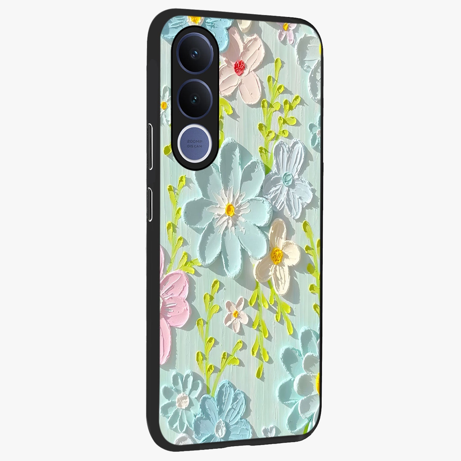 Frosted Petal Garden Glass Case upright view showcasing elegant floral garden artwork with soothing pastel theme.