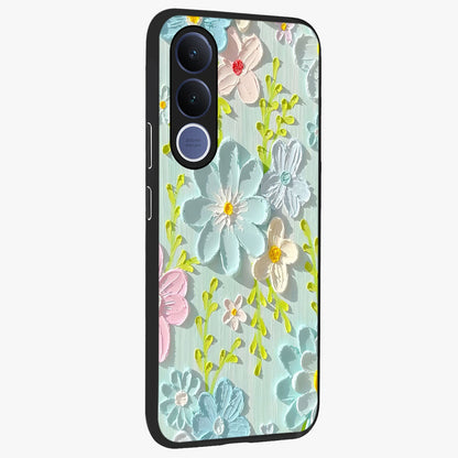 Frosted Petal Garden Glass Case upright view showcasing elegant floral garden artwork with soothing pastel theme.