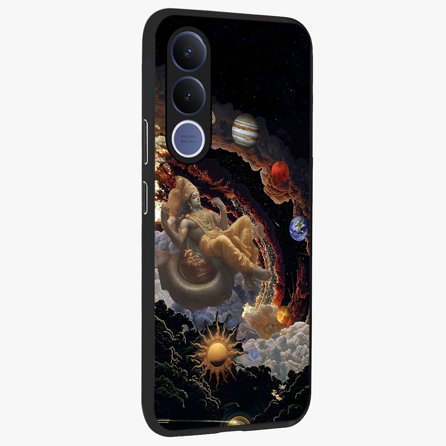 Galactic Divine God Glass Case upright view showcasing mystical divine artwork with dramatic cosmic theme.