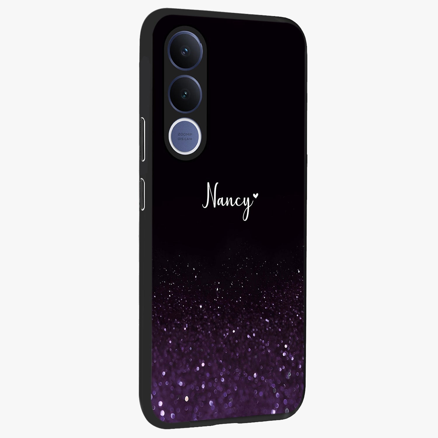 Glittery Purple Bokeh Custom Name Glass Case upright view showcasing vibrant purple sparkle artwork with personalized aesthetic style.