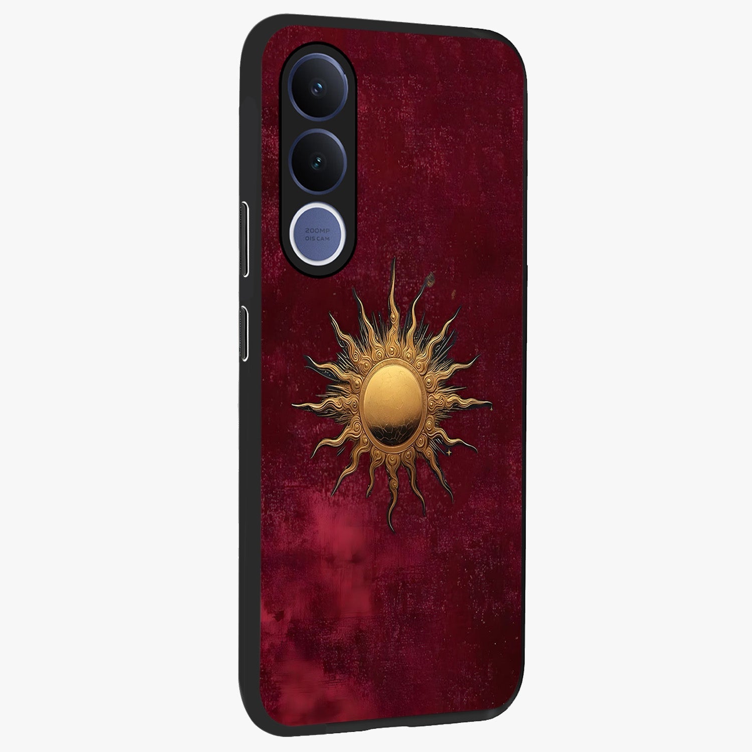 Golden Sun Minimalism Glass Case upright view showcasing simple golden sun artwork with elegant minimalist style.