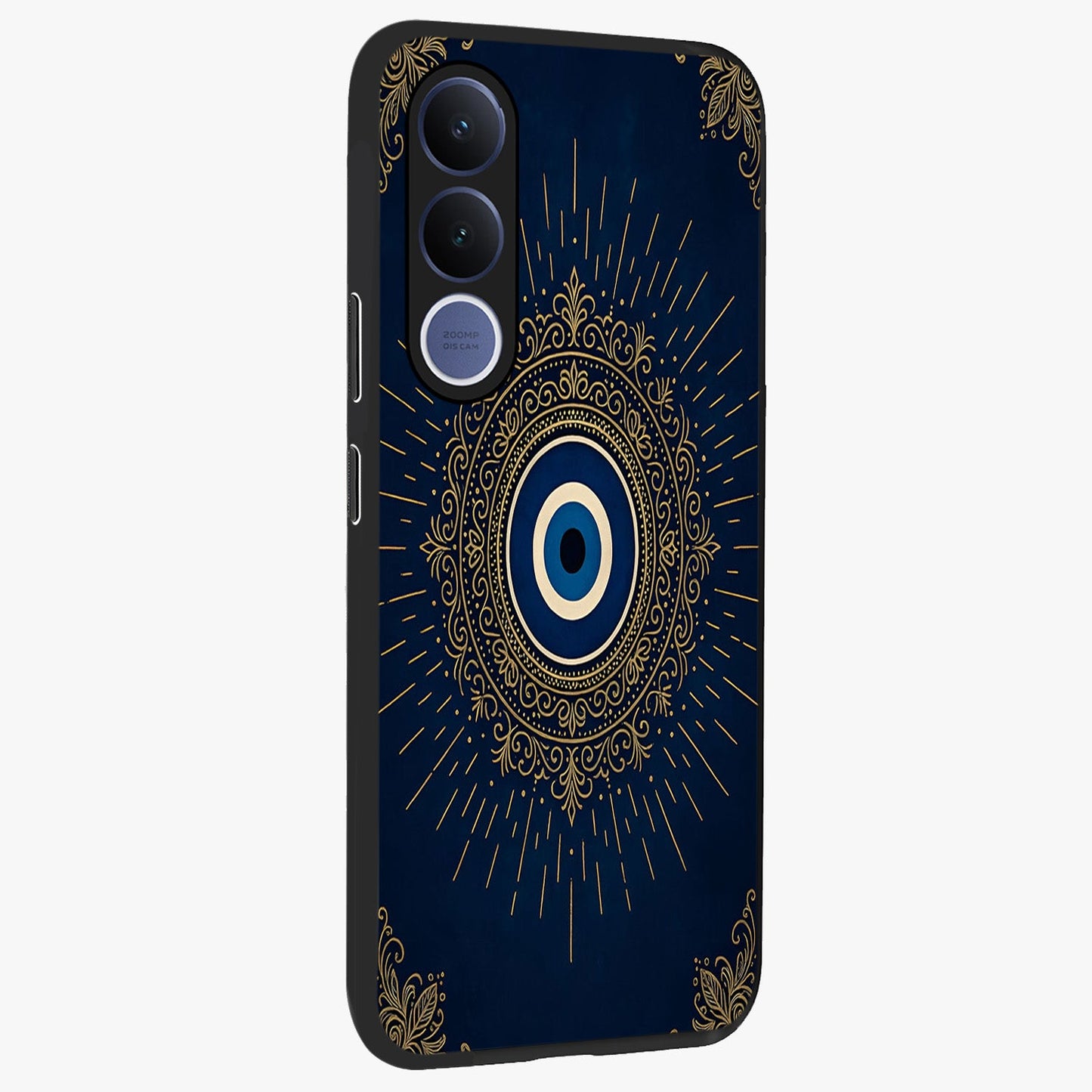 Golden Celestial Charm Glass Case upright view showcasing radiant celestial artwork with elegant golden theme.