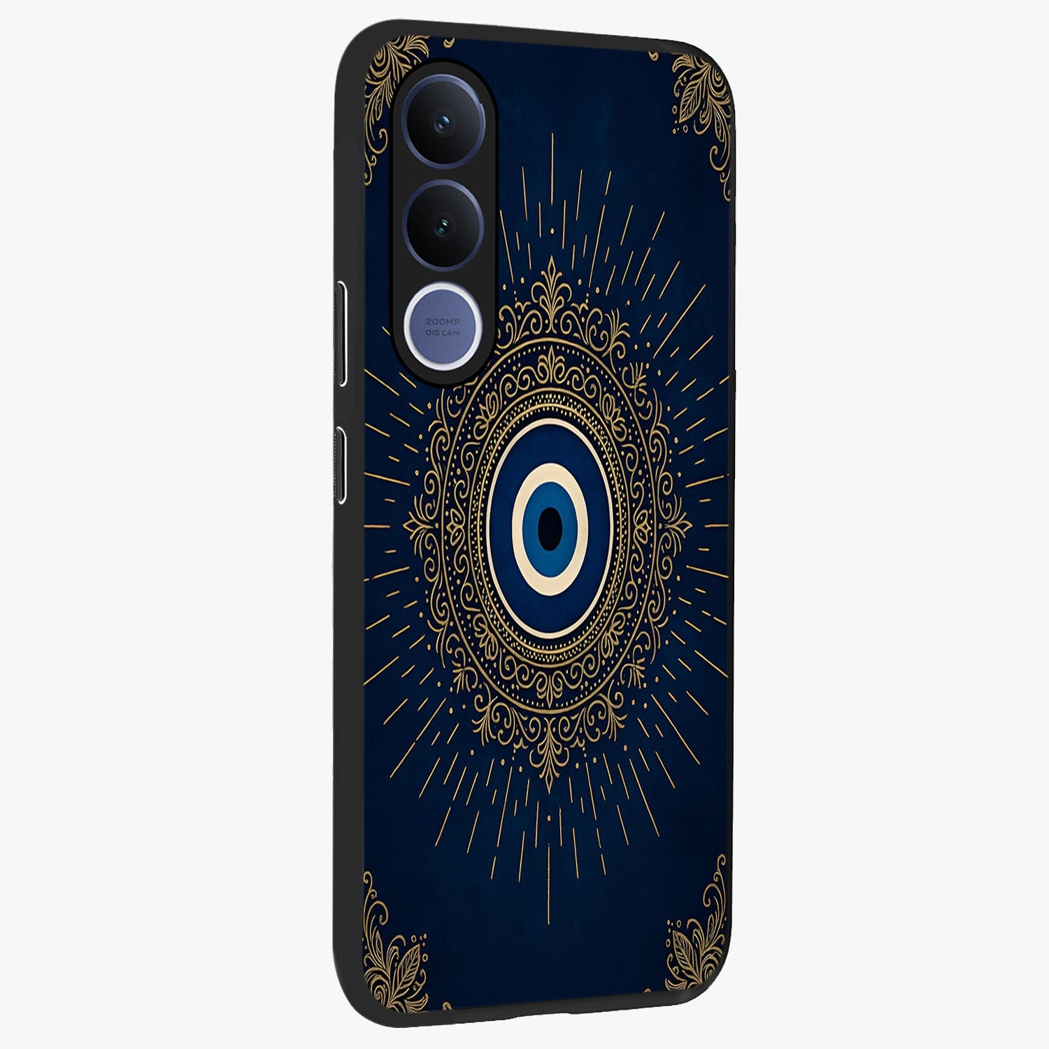 Golden Celestial Charm Glass Case upright view showcasing radiant celestial artwork with elegant golden theme.