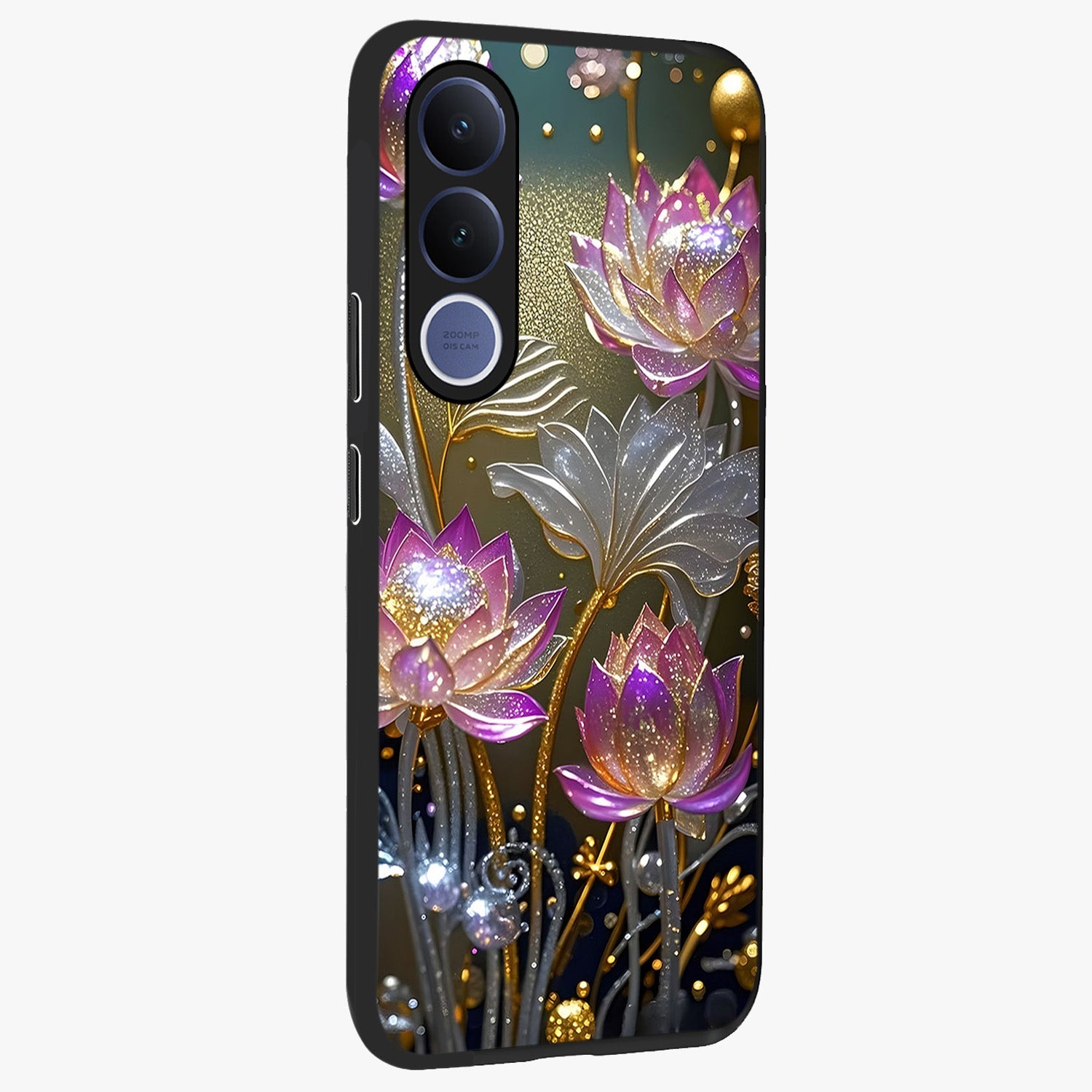 Golden Floral Majesty Glass Case upright view showcasing majestic floral artwork with rich decorative theme.