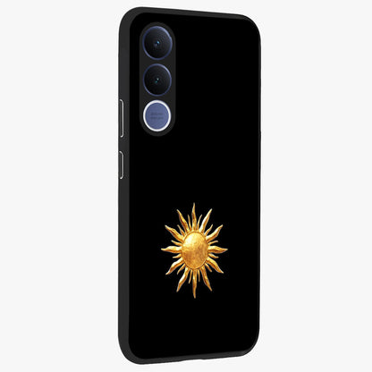 Golden Sun Minimalism Glass Case upright view showcasing haunting graveyard artwork with dramatic dark theme.