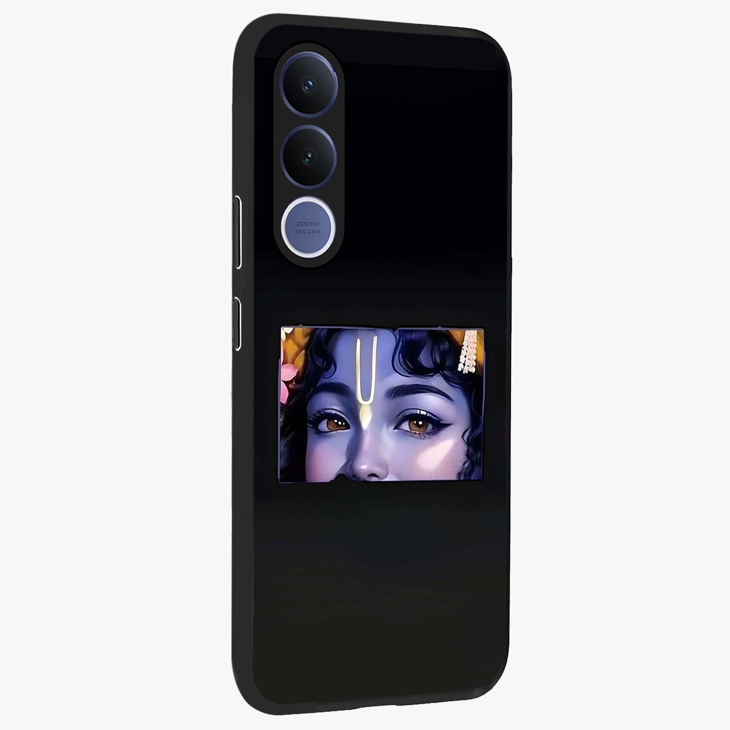 Krishna Divine Embrace Glass Case upright view showcasing sacred Krishna artwork with peaceful devotional theme.