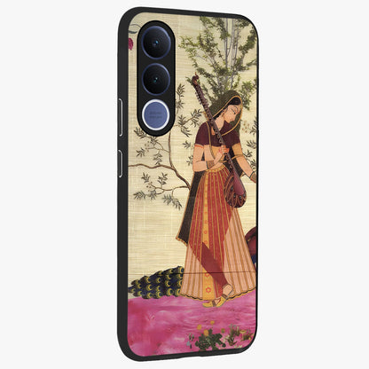 Lady With Veena Art Glass Case upright view showcasing classical veena artwork with traditional artistic theme.