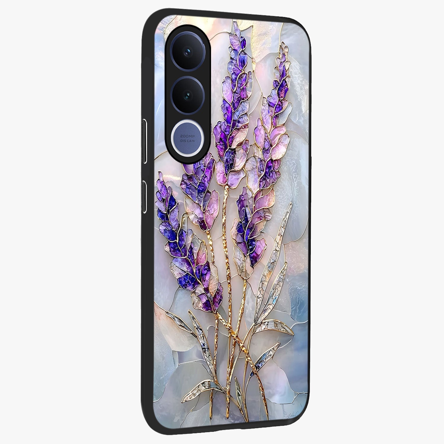 Lavender Dream Glow Glass Case upright view showcasing radiant lavender glow artwork with calming dreamy theme.