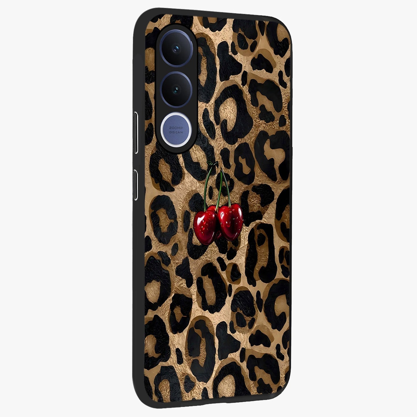 Leopard Wild Cherry Glass Case upright view showcasing stylish leopard pattern artwork with trendy fashion theme.