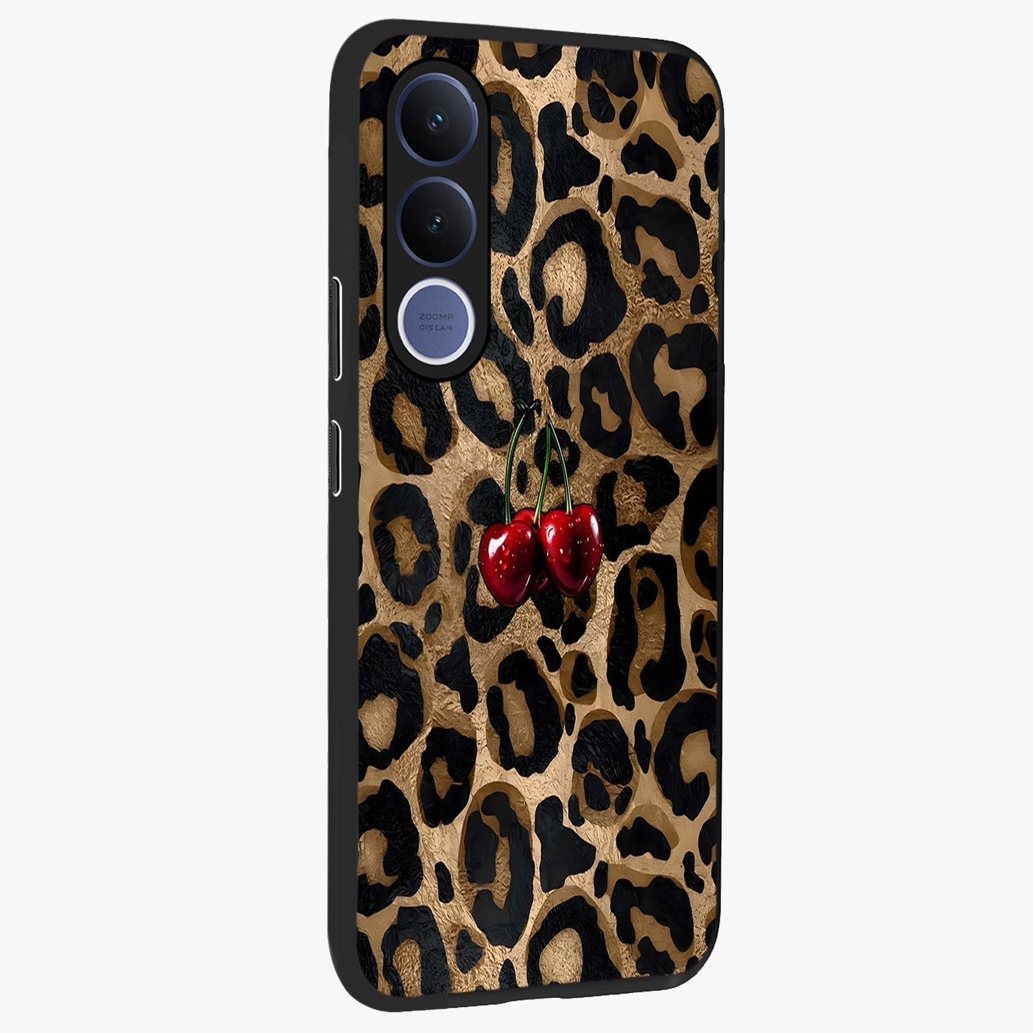 Leopard Wild Cherry Glass Case upright view showcasing stylish leopard pattern artwork with trendy fashion theme.