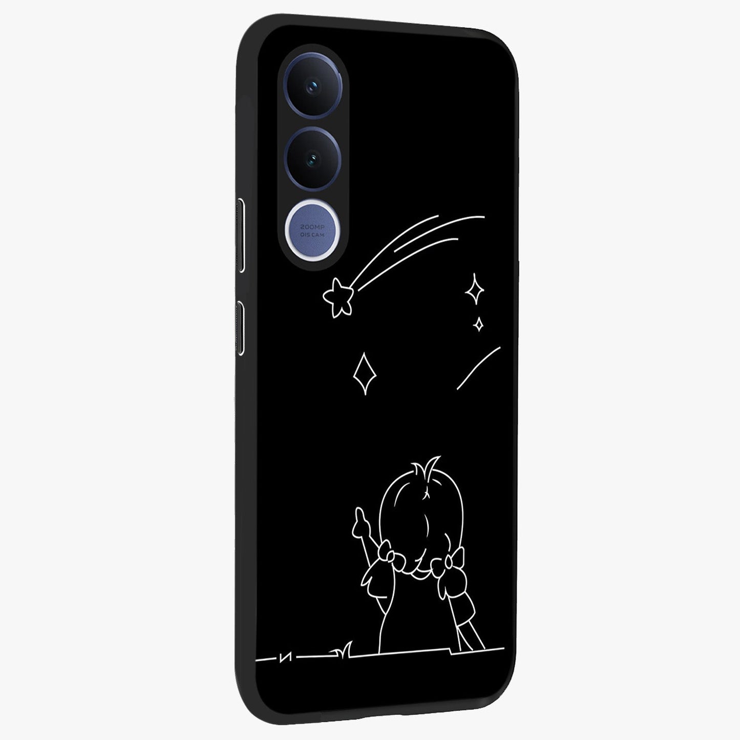 Line Art Girl With Shooting Stars Glass Case upright view showcasing delicate shooting stars artwork with minimal artistic theme.