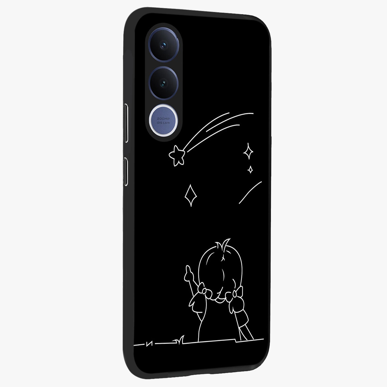 Line Art Girl With Shooting Stars Glass Case upright view showcasing delicate shooting stars artwork with minimal artistic theme.