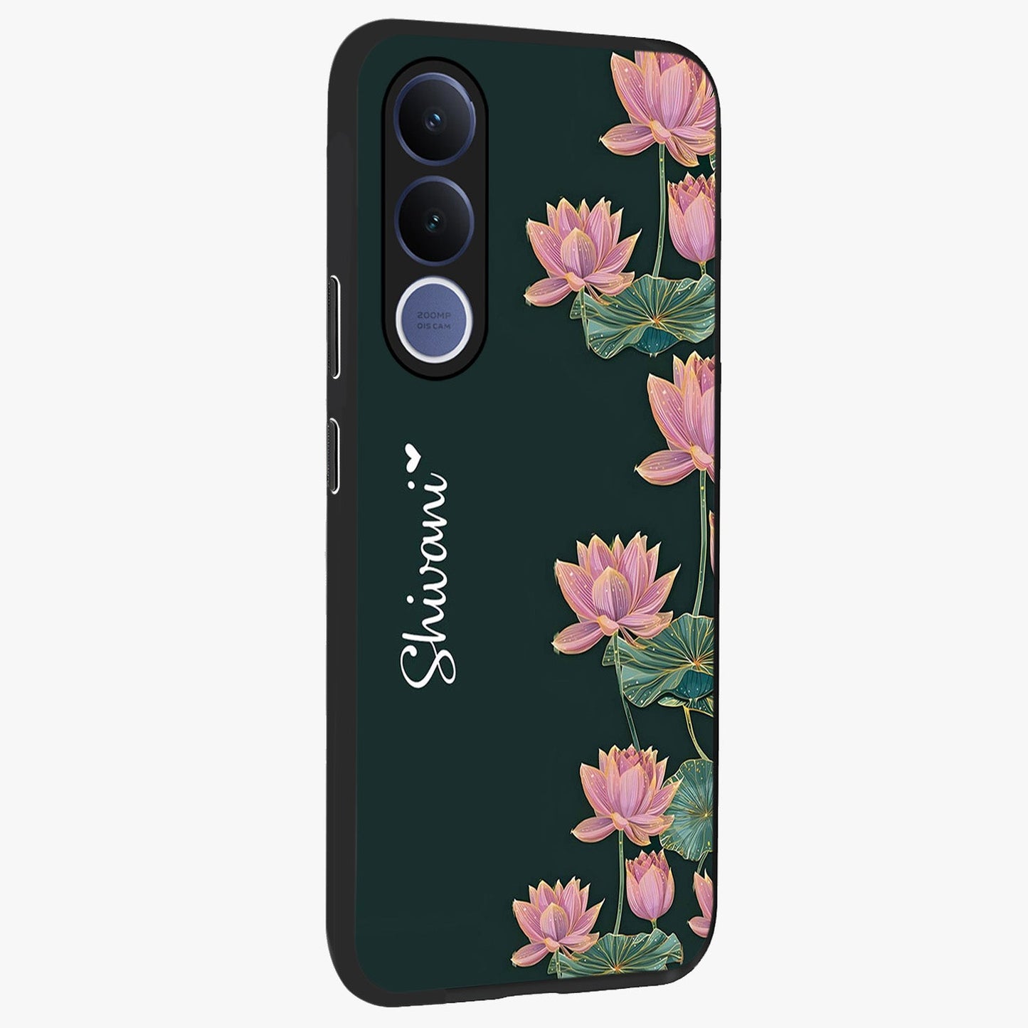 Lotus Bloom Serenity Custom Name Glass Case upright view showcasing serene lotus bloom artwork with personalized floral aesthetic.