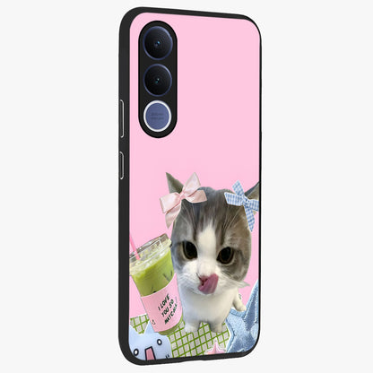 Love Matcha Cat Glass Case upright view showcasing adorable cat artwork with charming matcha themed design.