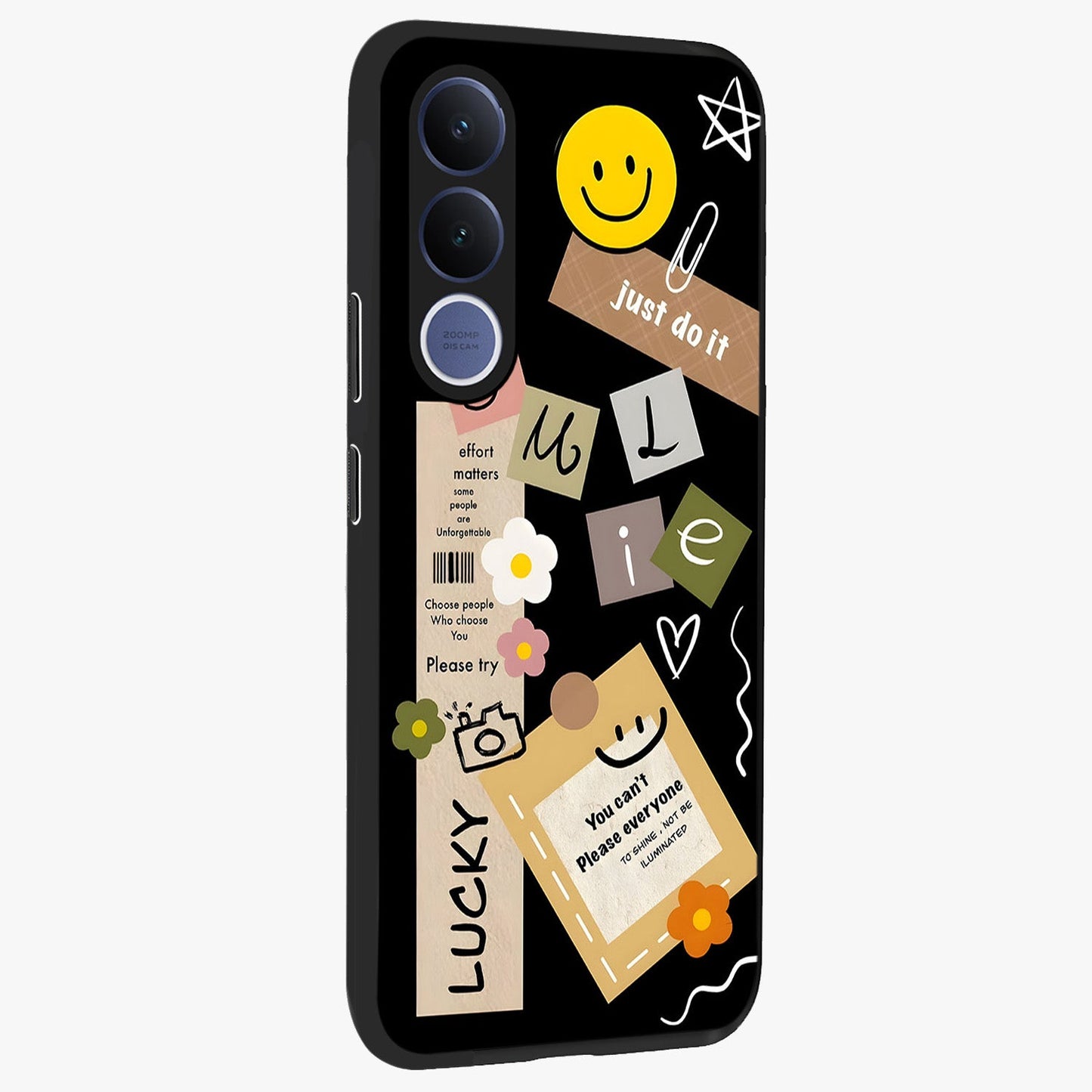 Lucky Aesthetic Collage Glass Case upright view showcasing vibrant collage artwork with youthful aesthetic theme.