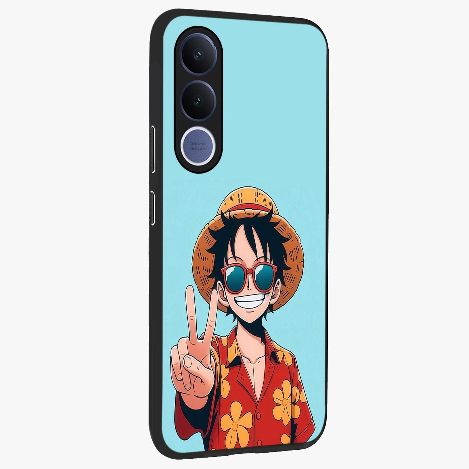 Luffy Summer Anime Vibe Glass Case upright view showcasing dynamic anime artwork with bright adventurous theme.