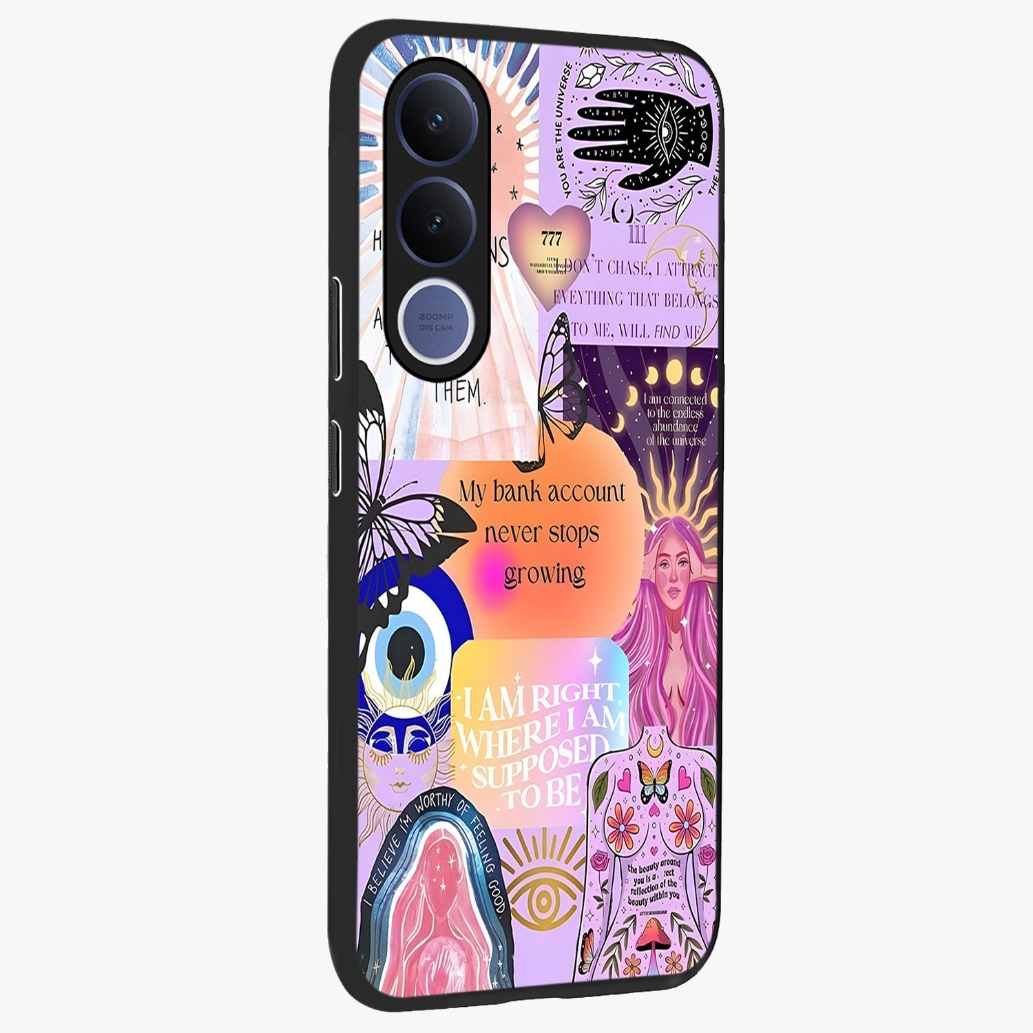 Manifestation Collage Glass Case upright view showcasing artistic manifestation themed artwork with creative style.