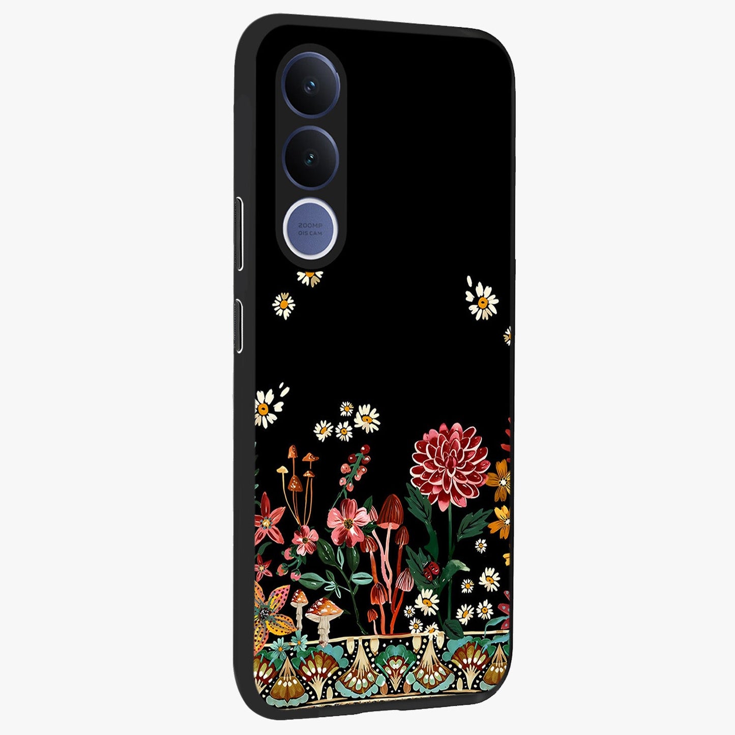 Midnight Bloom Pattern Glass Case upright view showcasing decorative floral artwork with deep night themed palette.