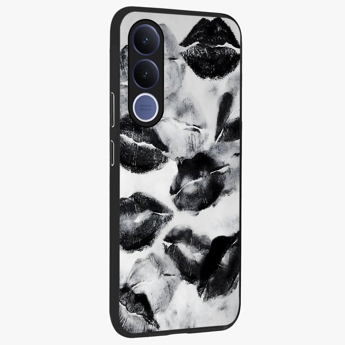 Midnight Kiss Marks Glass Case upright view showcasing stylish kiss mark artwork with trendy romantic theme.
