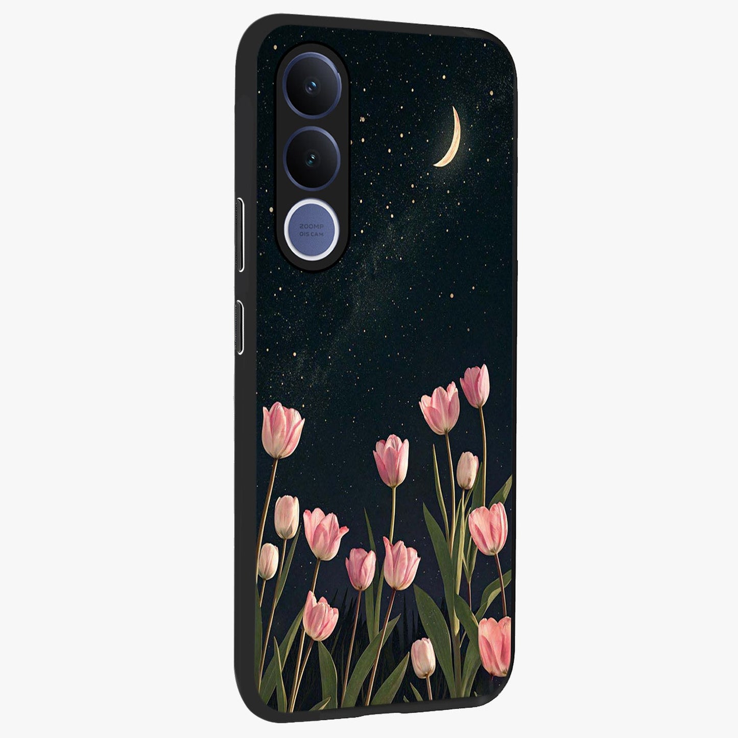 Midnight Tulip Whispers Vibe Glass Case upright view showcasing graceful tulip artwork with calm botanical theme.