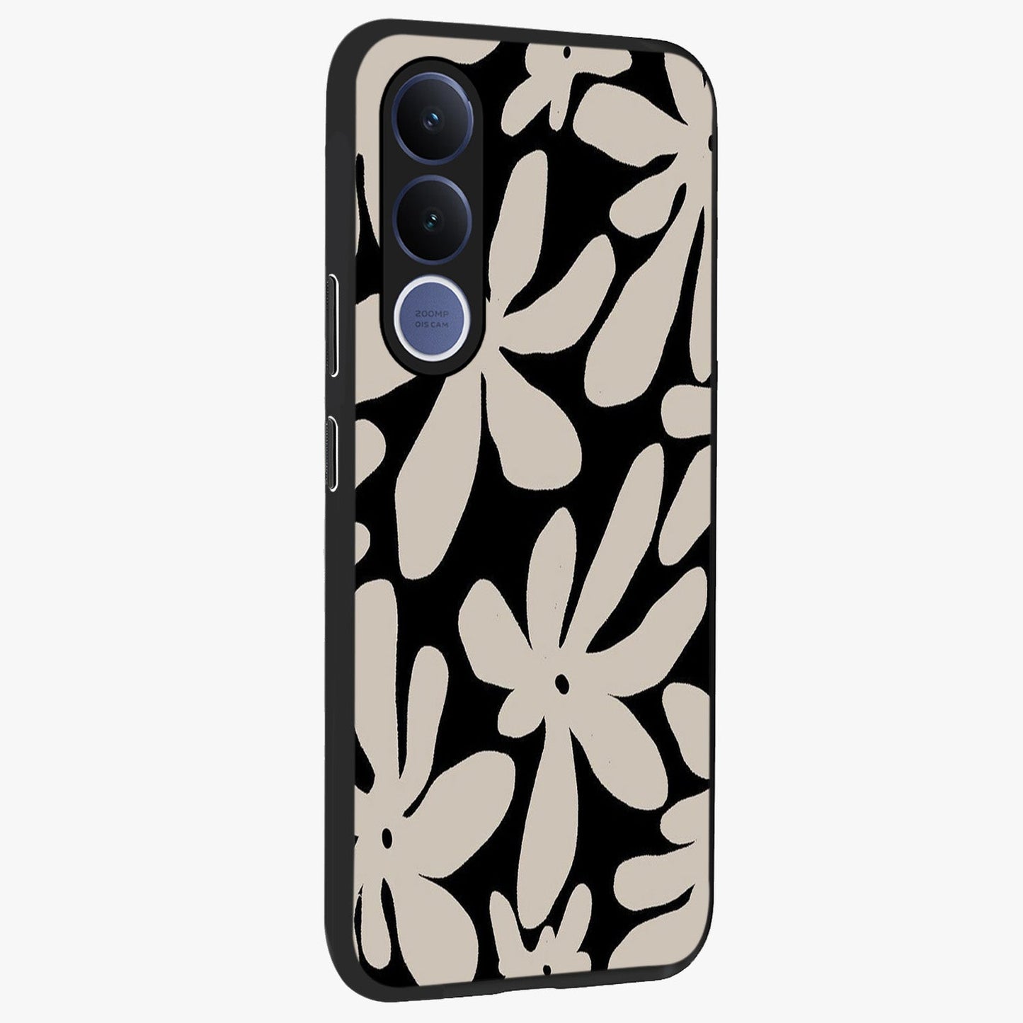 Monochrome Petal Dance Glass Case upright view showcasing artistic floral pattern with stylish monochrome theme.