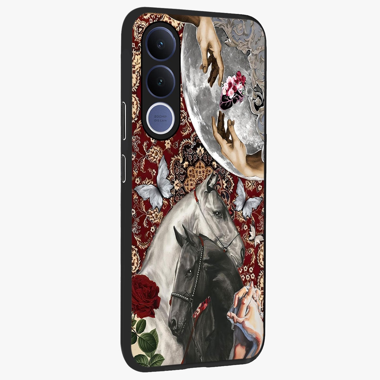 Moonlit Royal Stallion Glass Case upright view showcasing dramatic horse artwork with glowing moon themed design.