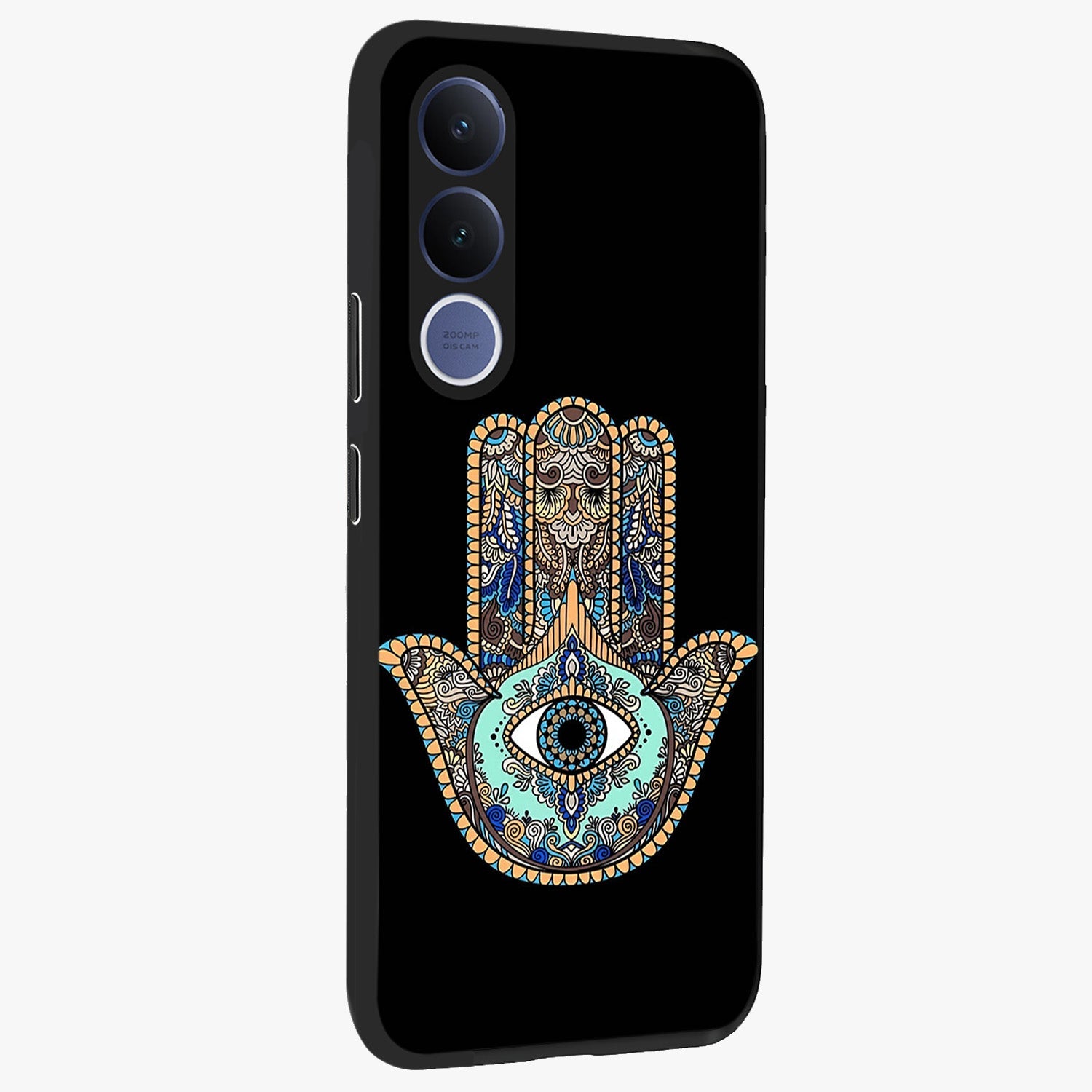 Mystic Hamsa Eye Glass Case upright view showcasing detailed hamsa eye artwork with protective spiritual theme.